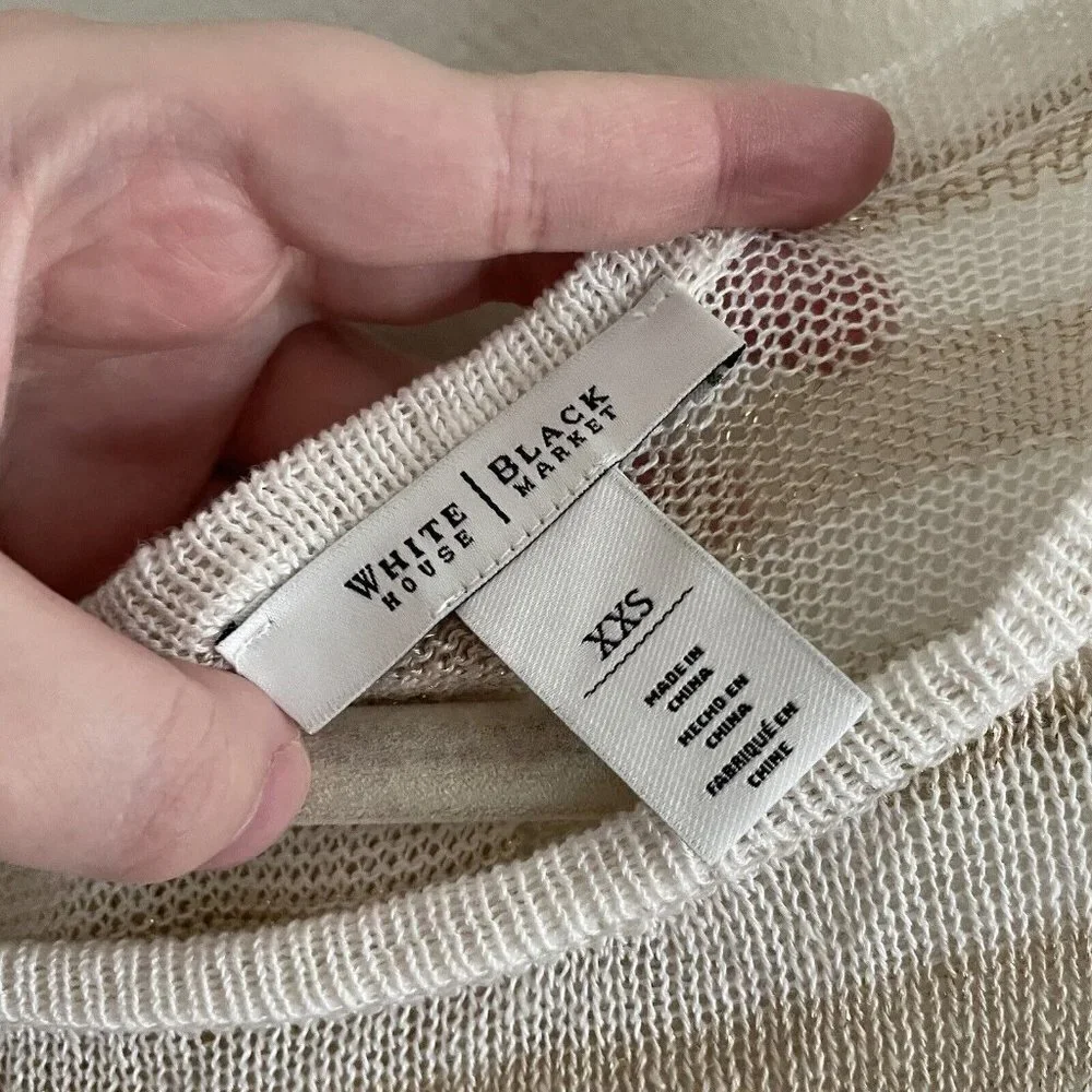 White House Black Market Women XXS Tan/White/Gold Metallic Striped Light Sweater